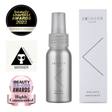 Load image into Gallery viewer, image of the SKINDER Radiance Smartmist with the images of three different award badges